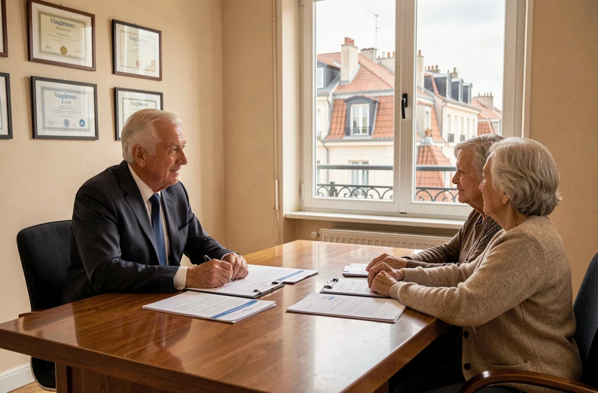 Spécialiste Viagimmo Lyon en consultation avec des clients pour un contrat de viager et gestion locative
