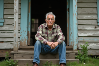 Homme d'âge moyen assis devant une maison rustique