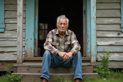 Homme d'âge moyen assis devant une maison rustique