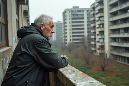 Homme âgé regardant la cité Pablo Picasso à Nanterre