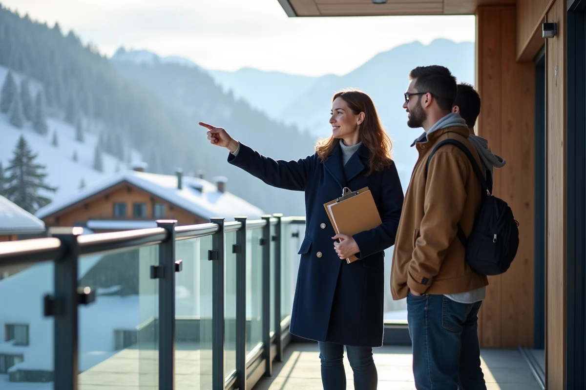 Agent immobilier présentant un appartement avec balcon ensoleillé à vendre aux Menuires à un couple d'acheteurs