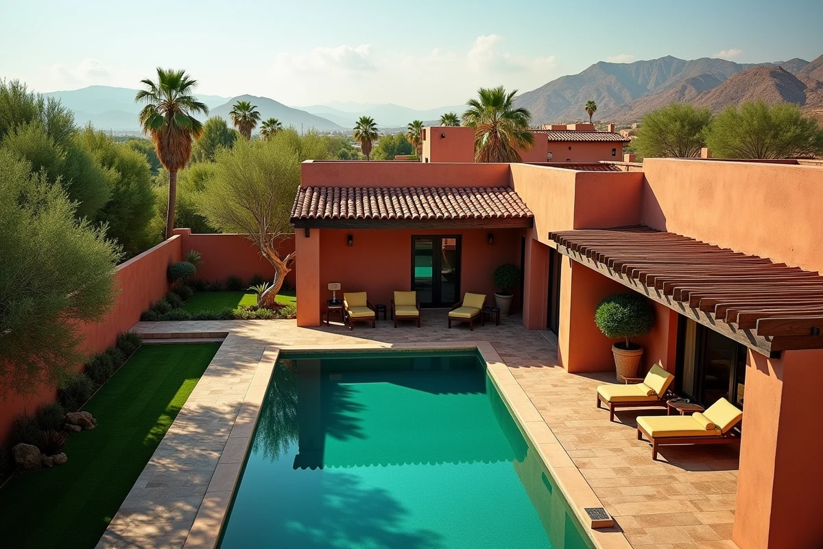 Vue extérieure d'une villa de luxe avec piscine à vendre dans la palmeraie de Marrakech